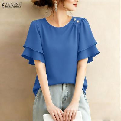 Damen Freizeit Rundhals Einfarbig Kurzarm Bluse