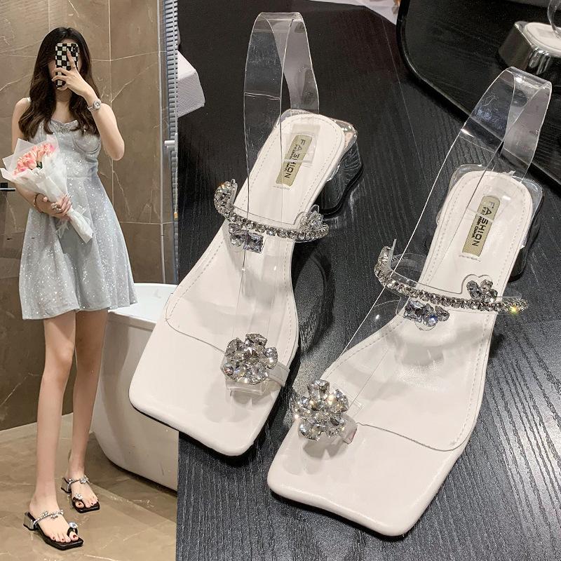 Fashion Hot Selling Crystal Women Slippers Fashion Mid Heels Shoes 2025 French Style Clip Toe Flip Flops Summer New Slides Sandals Shoes