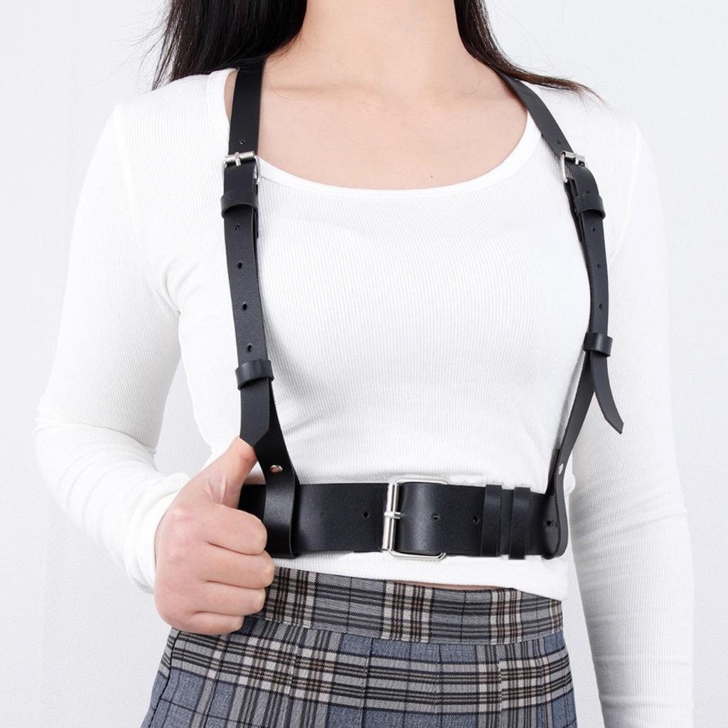 Black Leather Body Harness Belt - Adjustable Punk Waist and Shoulder Straps for Women, Sexy Fashion Accessory