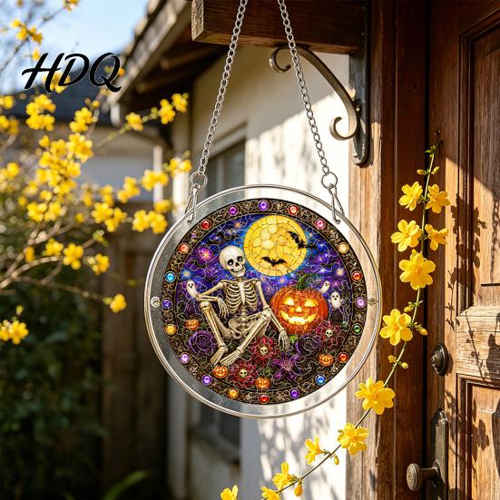Colorful Light Catcher Acrylic Jigsaw Puzzle Suncatcher, Stained Glass Style Halloween Skeleton Ghost Suncatcher Sun for Gothic Window Wall