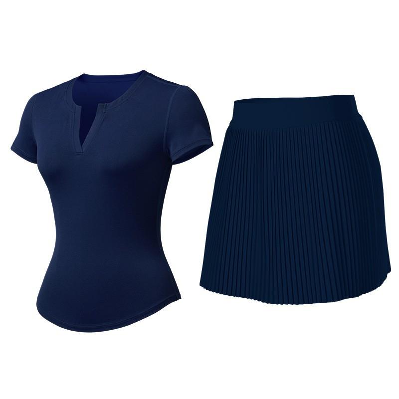 

[Set] V-neck Open Top Women s Pleated Skirt Tennis Sports Fitness Anti-exposure Yoga Two-piece Set S