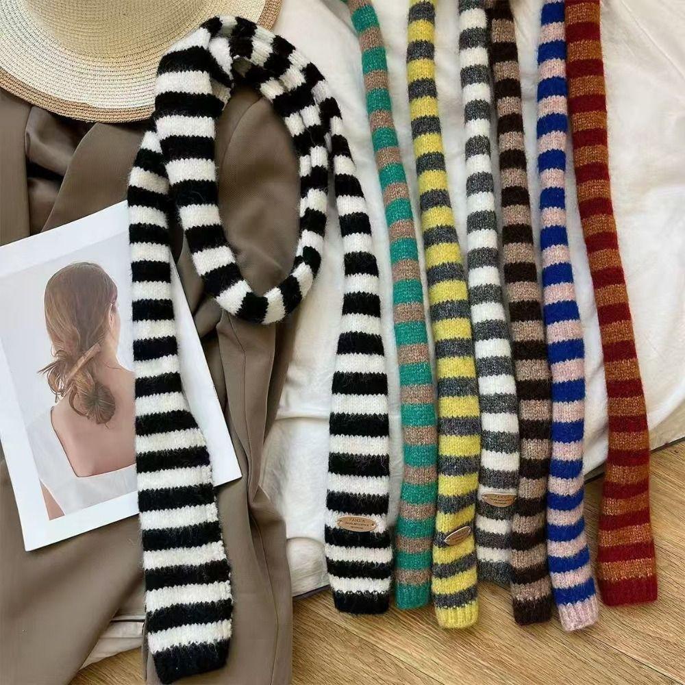 Korean Style Black Grey Stripe Women Long Scarves Knitted Slim Y2K Girl Scarf Warm Neck Cotton Skinny Scarf Fashion Streetwear