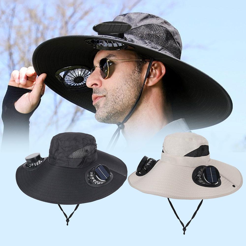 Outdoor Summer Sun Hat With 2 Solar Fan Large Wide Brim Sun Protection Hat For Outdoor Fishing Hiking Camping Travel Cooling Cap