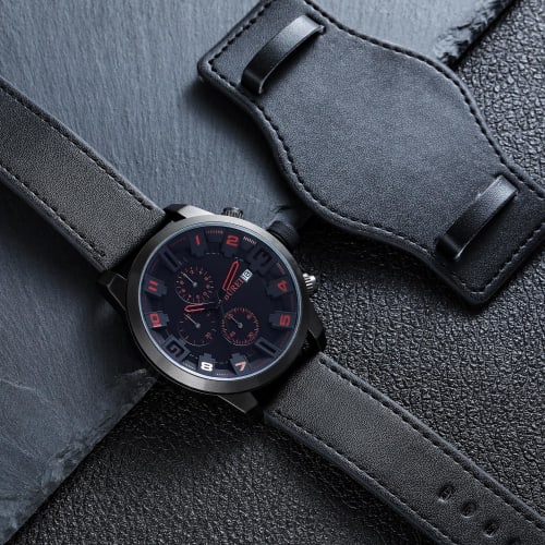 BUREI Men's Analog Quartz Watch, Waterproof, Simple Design, Chronograph, Black Leather Strap, Made In Japan, Battery-Operated, Gift