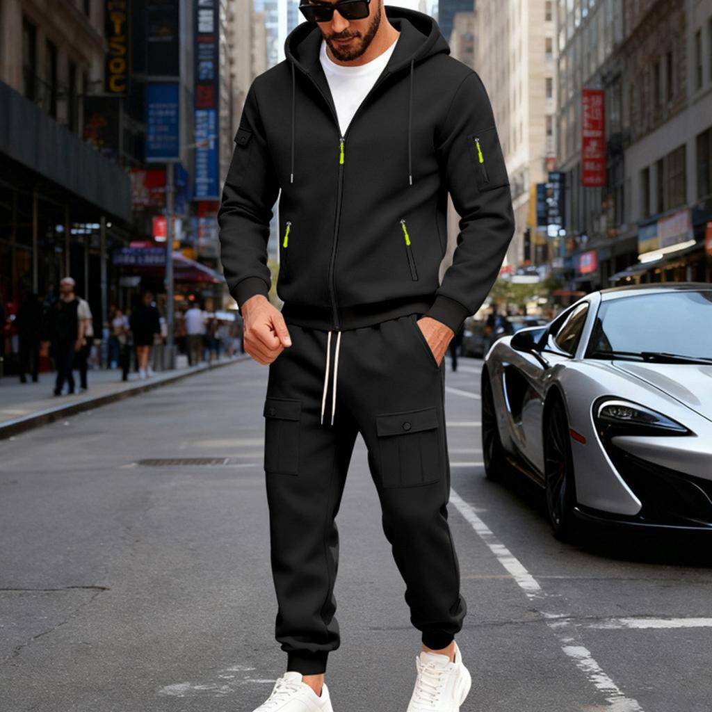 Men's Solid Color Casual Suit Loose Sports Stand Collar Sweatshirt With Pockets Multi Pocket Overalls Suit