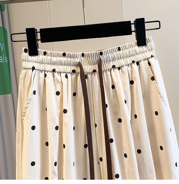 Summer Cotton Linen Polka Dot Trousers Women's Loose Wide Leg Versatile Nine Point Harem Pants Korean Version Lantern Pants