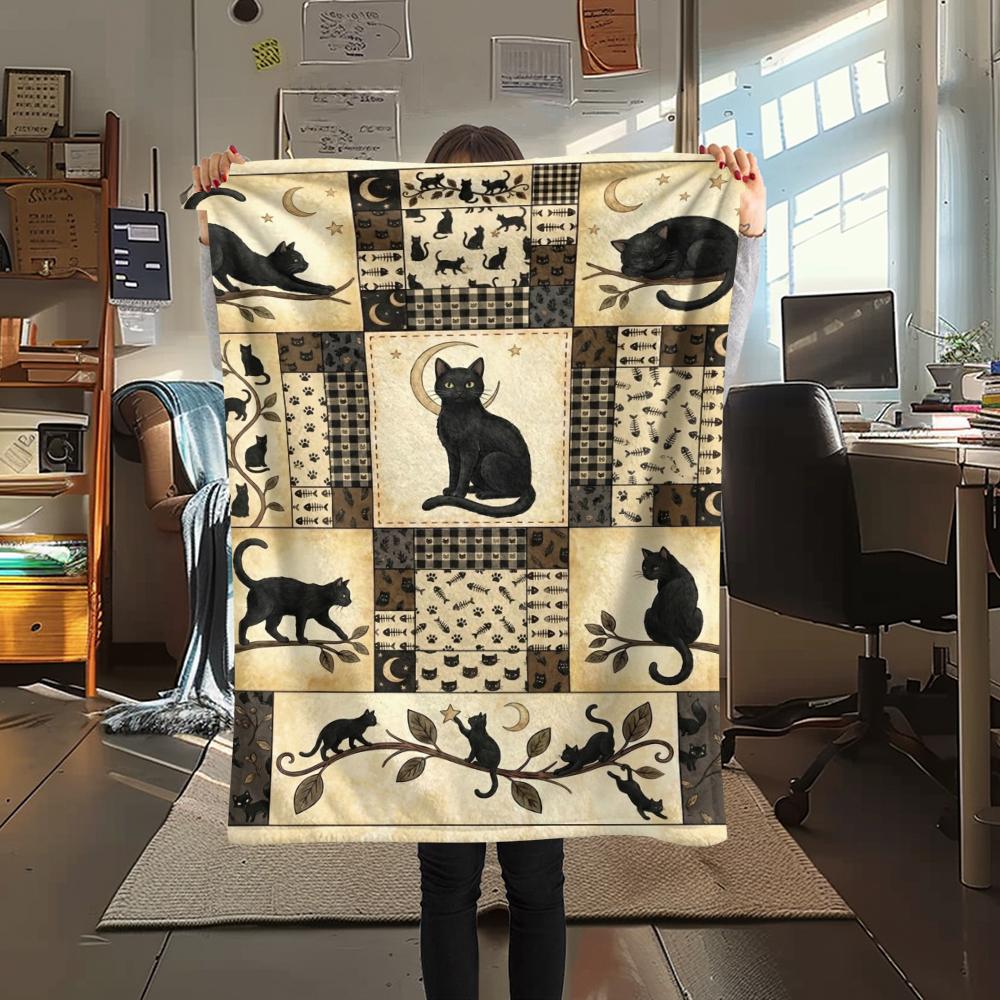 1Pc Patchwork Cat Print Flannel Blanket, High quality Comfortable for All Seasons, Home Decor, Warmth and Comfort, Perfect for Christmas Gifts63