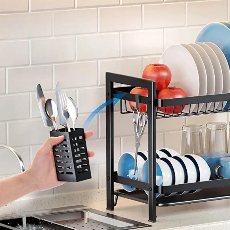 2Layer Kitchen Dish Drying Rack Cutlery Organizer Drainage Basket for Utensils & Plate Storage Fits Over Sink or In Washing Area