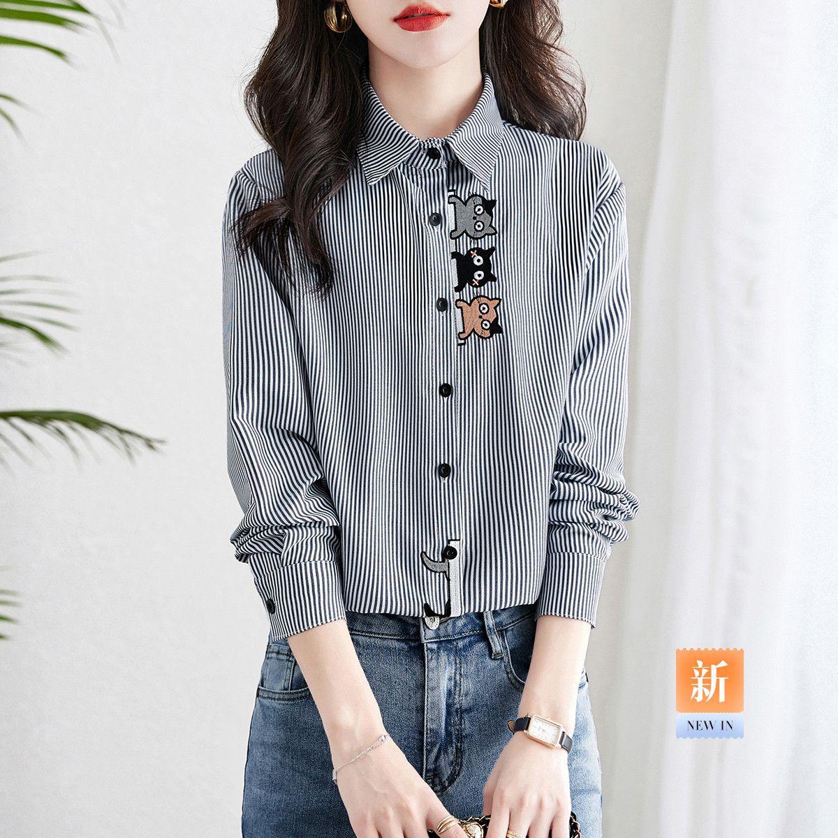 

Весна Осень Новая Модная Полосатая Рубашка с Длинным Рукавом Женская Уличная Повседневная на Пуговицах Хлопковый Кардиган Элегантные Вышитые Топы XXL чёрный