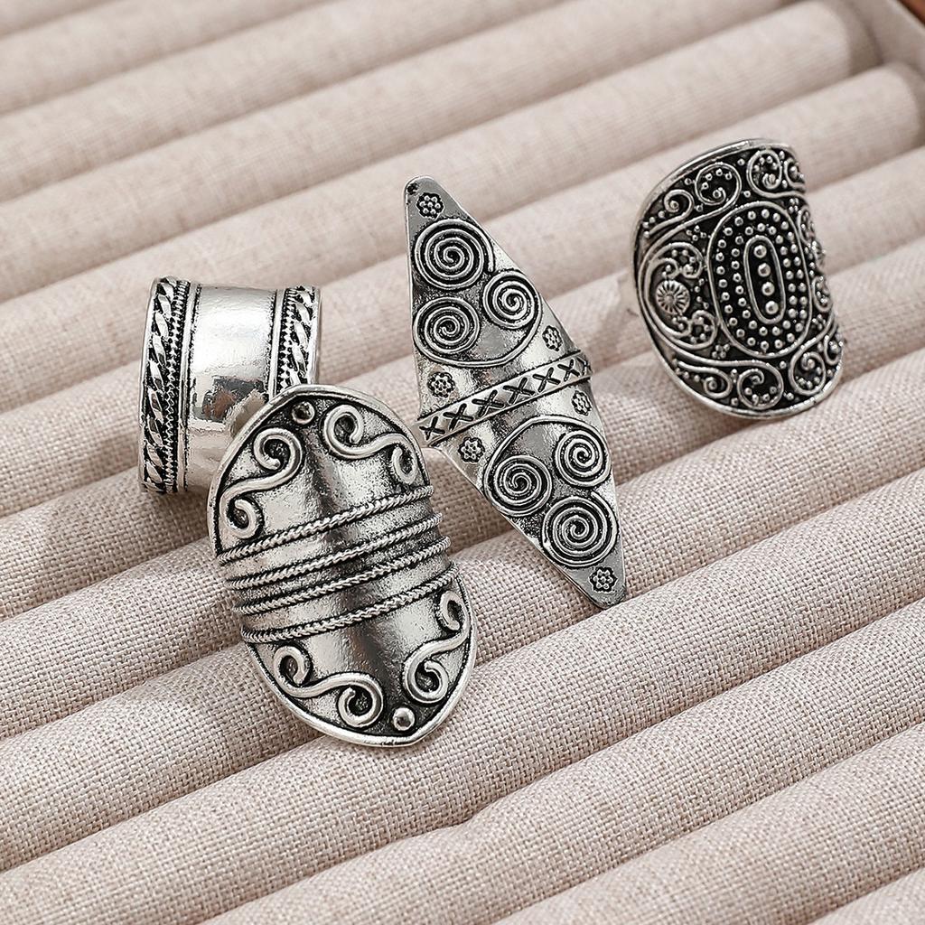 4PCS Vintage Silver Color Carved Turquoise Gothic Ring Set Punk Hip Hop Boho Ring Grunge Women Men Jewelry Accessories