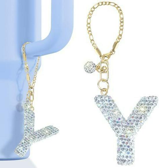 Personalized Rhinestone Initial Water Bottle Charm with Chain Strap and Polymer Clay Keychain White AB