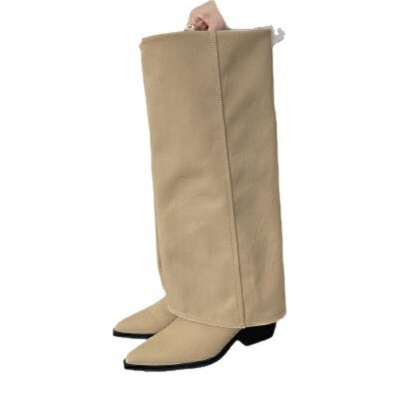 Pointed cowboy boots autumn new thin fashion versatile thick heel western boots but knee trouser tube boots