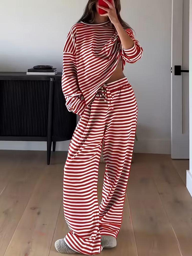 2025 Women's European & American Striped Long Sleeve Top & High Waist Trousers Fashion Set