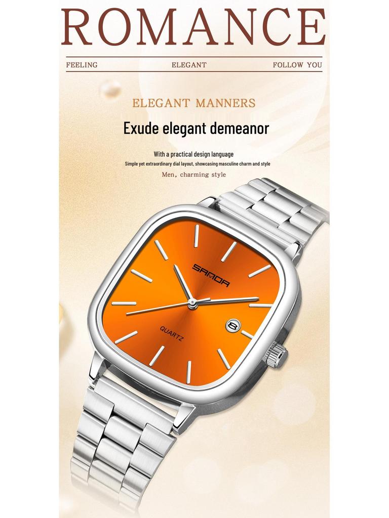 Sanda Fashionable Couple's Waterproof Quartz Watch with Calendar - Steel Strap, Square Design, Simple Bar Index