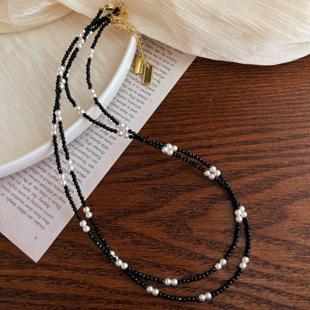 Vintage Black Pearl Necklace Black Pearl Pointed White Pearl Chain Necklace Crystal Beads Classic Jewelry Accessories