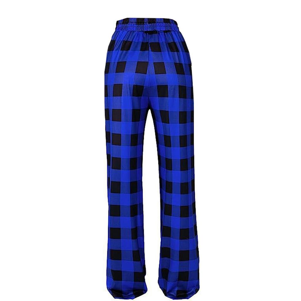 Pantaloni de modă pentru femei cu picioare drepte Pantaloni de pijama confortabili în carouri elastice cu șnur