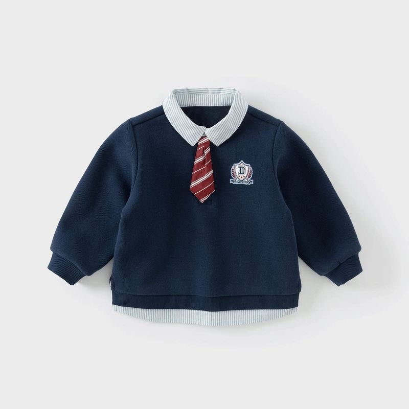 David Bella Children s Sweatshirt, Stylish Winter Clothing, New Style for Boys, Baby Fleece-Lined, Faux Two-Piece, Preppy Style Top Navy Blue [Ready Stock] 80 cm