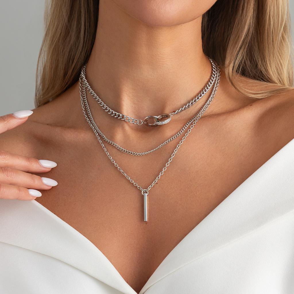 Fashion Office Style Rhinestone Buckle Double Ring Necklace, Unique Versatile Multi Layer Stackable Choker For Women
