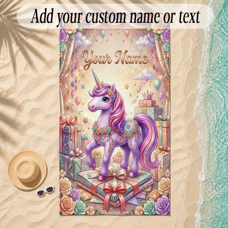 Unicorn Theme Soft Beach Towel Personalized Custom Name Text Towel Portable for Beach Pool Travel