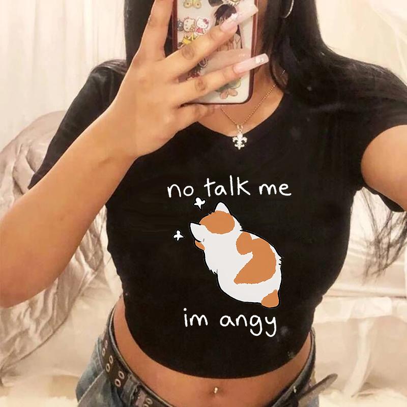 Hip Hop Crop Top Y2k 90s Funny Cute Cat T Shirt Women Shirt Harajuku Graphic Ulzzang T-shirt 90s Tshirt Top Tee Female Cropped