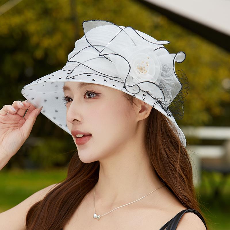 New Fashion Elegant Flowers Organza Dot Church Hat For Women Foldable Wedding Party Hat Summer Beach Protection Sun Cap