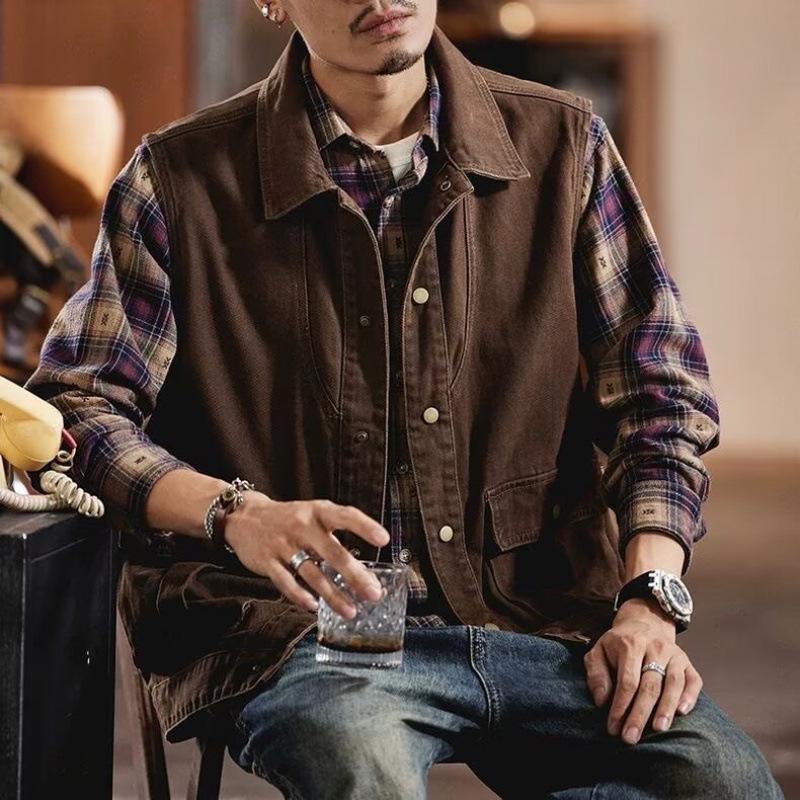 Men s Retro Sleeveless Denim Workwear Vest Jacket M кофейный