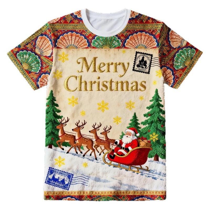 Summer Casual Comfortable Daily Plus Size Christmas Printed Short Sleeved T-shirt- Soft Medium Elastic Polyester Fiber Fabric Summer Loose Casual Wear