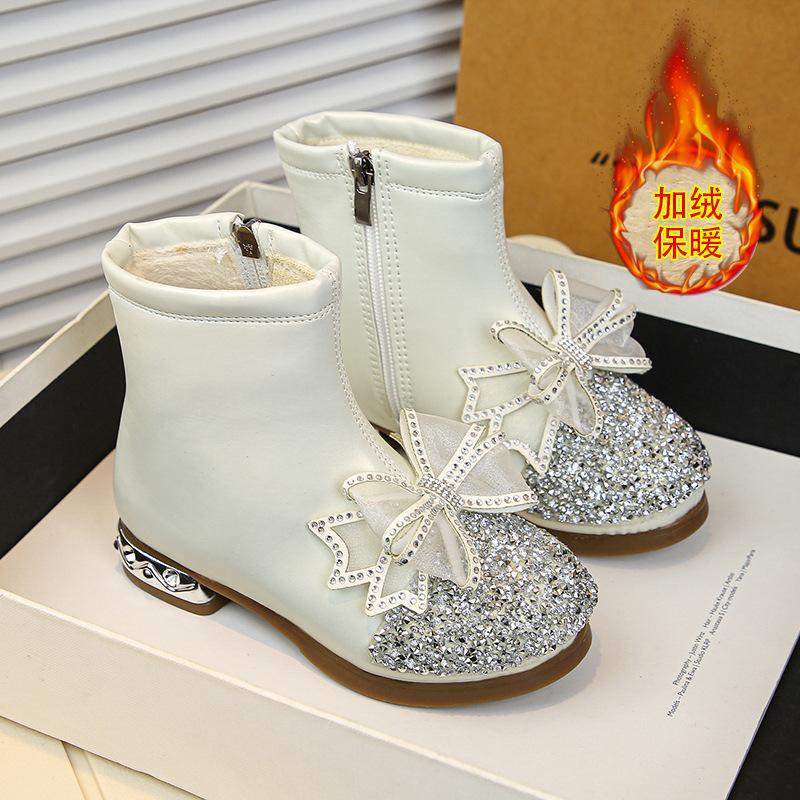 Automne Bottes En Cuir Diamantées à Eau Pour Enfants Semelle Épaisse Antidérapantes Bottines Filles à Lacets Simples Polyvalentes Bottes Décontractées Enfant