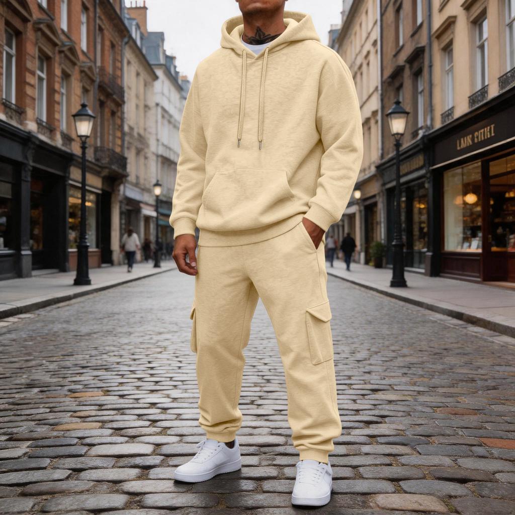 Men's 2 Piece Casual Outfit Set with Sweatshirt and Elastic Waist Cargo Jogger Pants for Outdoor Sports