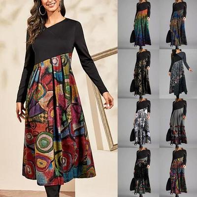 Herbst und Winter Damenkleider, lässig, lange Ärmel, langes böhmisches bedrucktes Kleid, Damenkleidung