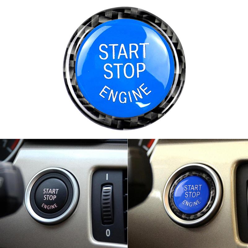 Protective Engine Start Stop Button Cover with Blue Carbon Trim Rings Kit for E90 E92 E93 320i Z4 E89 Car Accessories