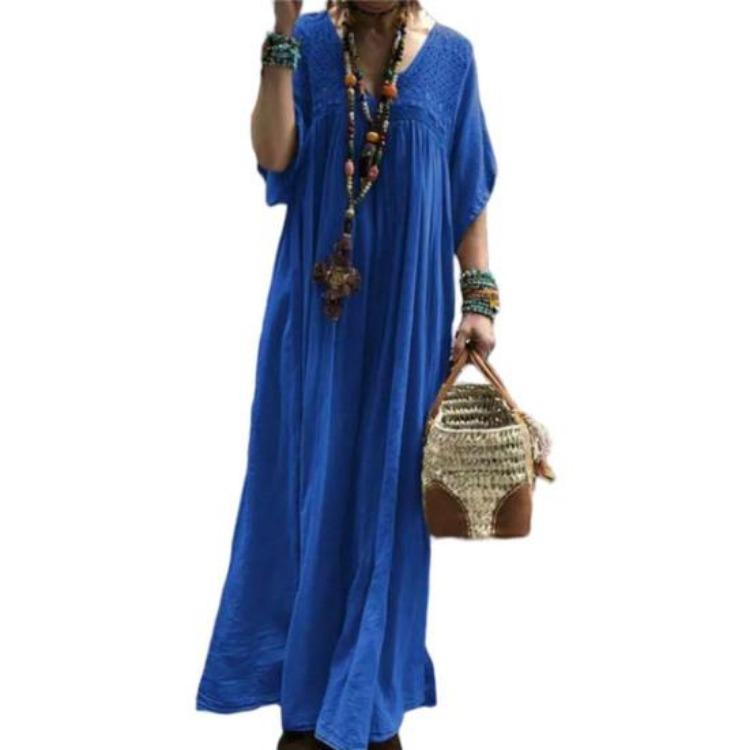 Vintage Spitze Häkel Sommer Damen Maxi Kleid Patchwork V-Ausschnitt Trompetenärmel Locker Gerade Plissiert Weich Atmungsaktiv Lässiges Alltagskleid Einfarbig