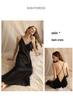 French-Style Backless Nightgown with Built-In Bra, Deep V-Neck, Spaghetti Straps, High Slit, and Mesh - Pure, Alluring, Sexy.
