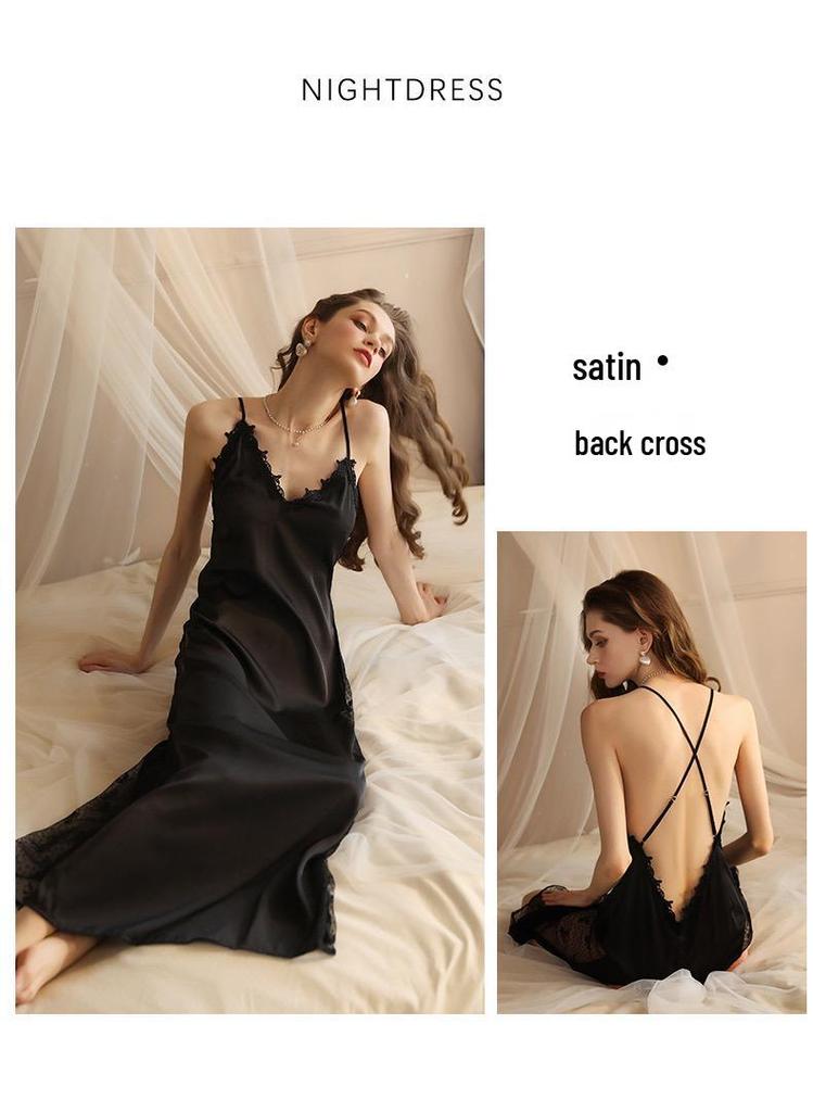 French-Style Backless Nightgown with Built-In Bra, Deep V-Neck, Spaghetti Straps, High Slit, and Mesh - Pure, Alluring, Sexy.