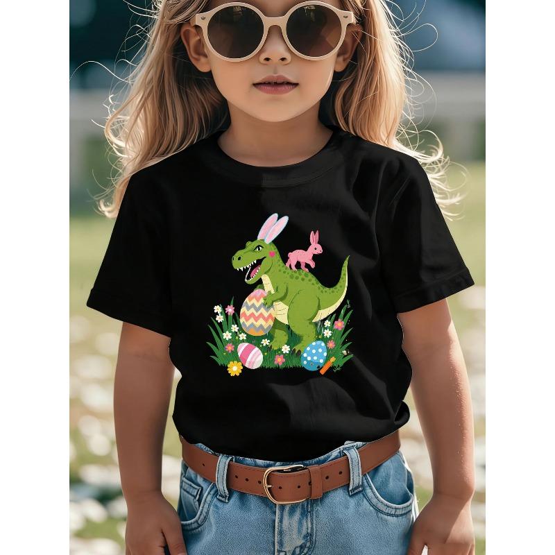 

Girls summer round neck short sleeved T shirt dinosaur and egg patterns 98cm чёрный
