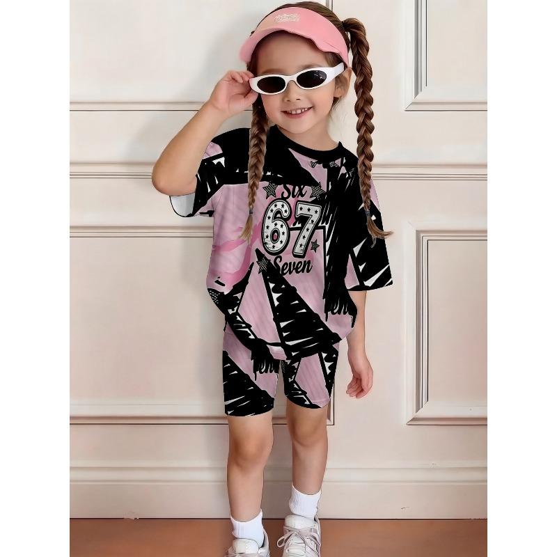 Girls' Summer Birthday Print Short-Sleeved Shorts Set - Fresh Light-Colored Children's Casual Outfit