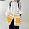 INCERUN Oversized Men Casual Loose 3/4 Sleeve Splits Irregular Front Cross Striped Print T-Shirts Tops