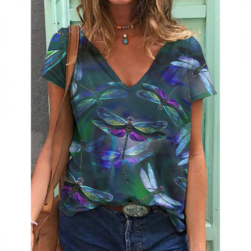 V-neck T Shirts Street 3D Printed Tees Short Sleeved Floral Bird Loose T-shirt for Women
