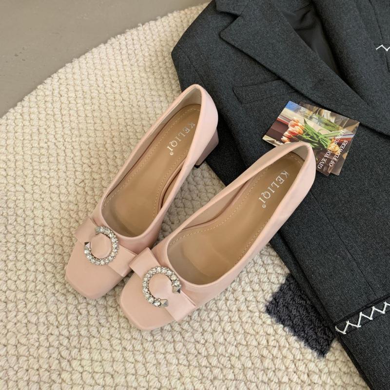 

2025 autumn new French square head thick heel shallow mouth single shoes femininity rhinestone square buckle bow work shoes 39 розовый