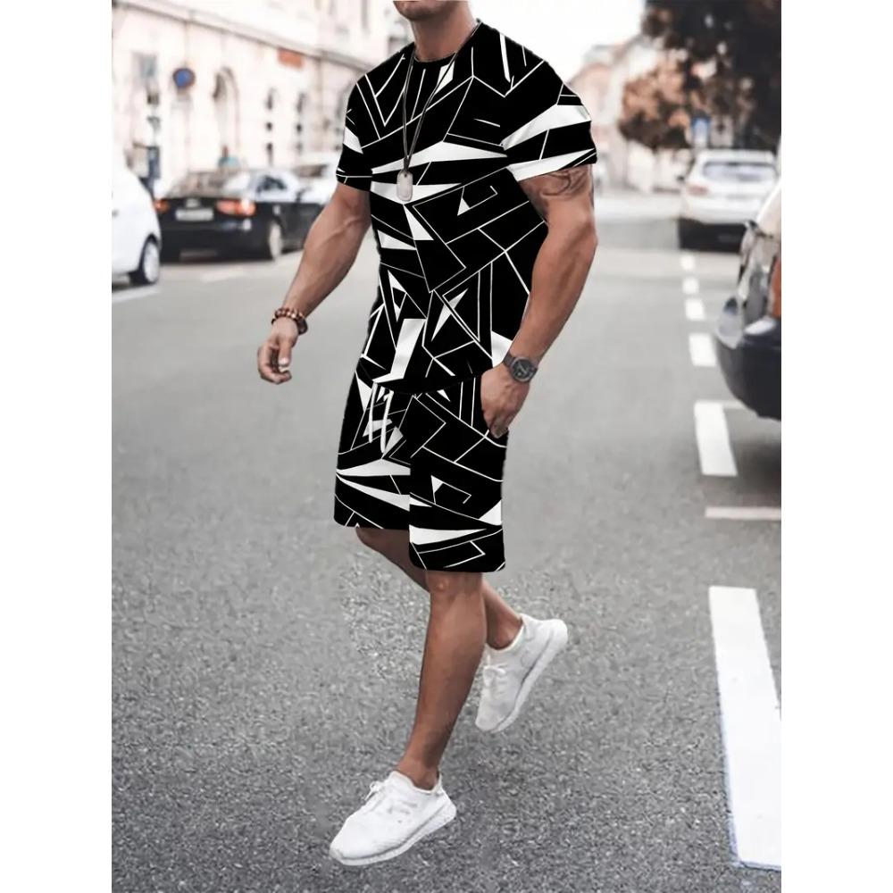 Summer Men's Clothing Letter Print Short Sleeve Top Men's Elastic Waist Shorts 2-piece Set Plus Size T Shirts Shorts Set