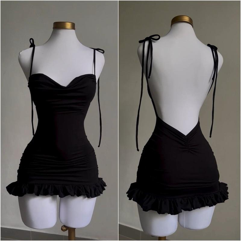 Fashion Sexy Sleeveless Summer Y2K Sexy Suspender Dress Backless Lace-up Hip Bodycon Ruffled Party Club Mini Short Dresses Streetwear Clothing