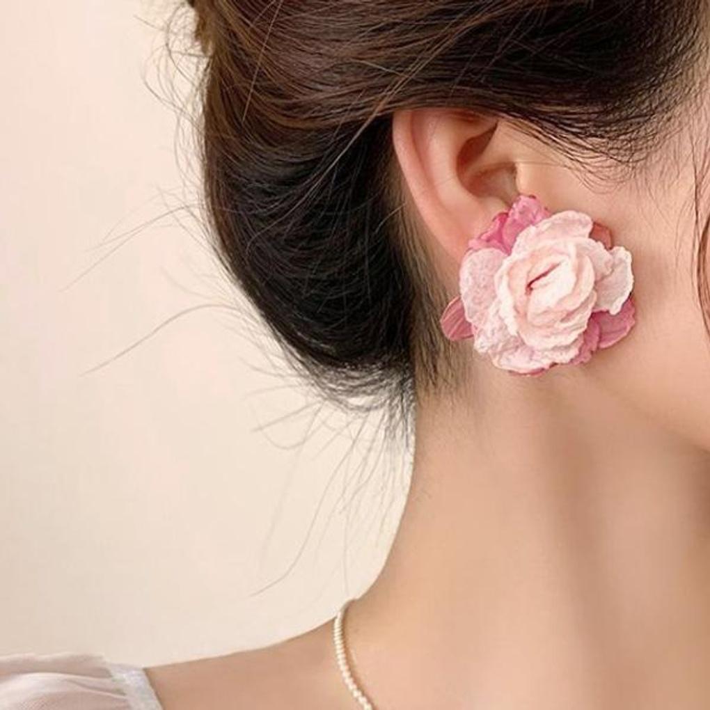 Women's Lovely Two-Tone Pink Flower Earrings [Silver Needle]