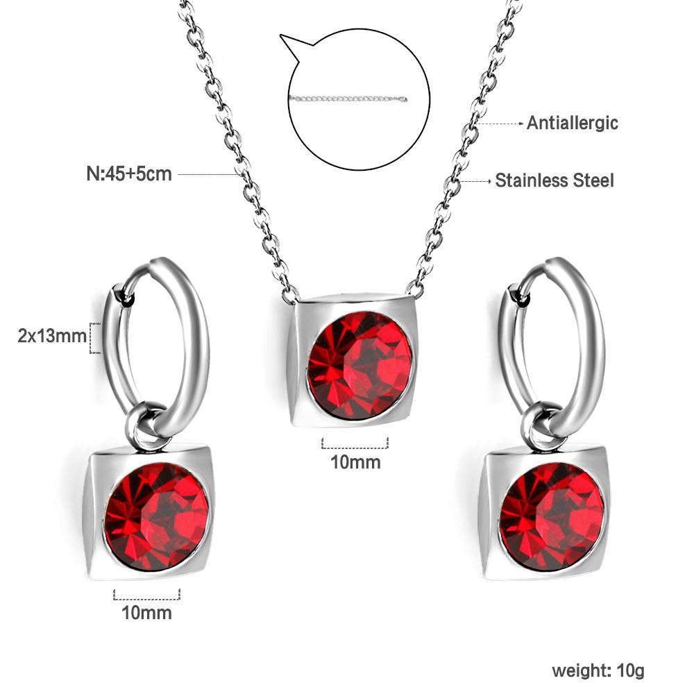 Square Multiple Color Crystal Pendant Necklace Earrings Set Stainless Steel Zircon Set 2Pcs For Women Party Gifts Free Shipping