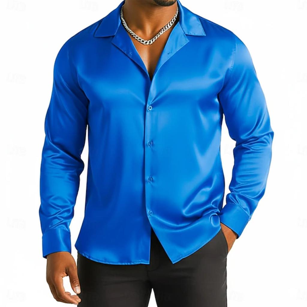 Męska Koszula Satynowa Jedwabna Błyszcząca Satyna Długi Rękaw Kołnierzyk Na Guziki Koszule Eleganckie Party Studniówka Ślubne Góry
