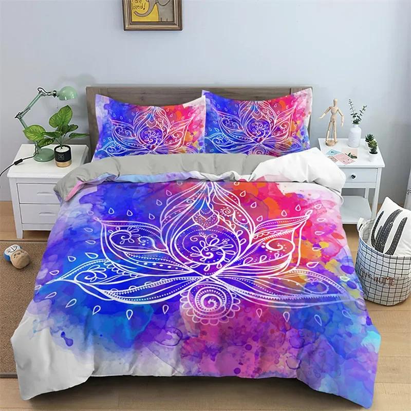 Psychedelic Floral Duvet Cover Microfiber Exotic Lotus Feather Bedding Set Bohemian Mandala Comforter Cover Twin For Girls Teen