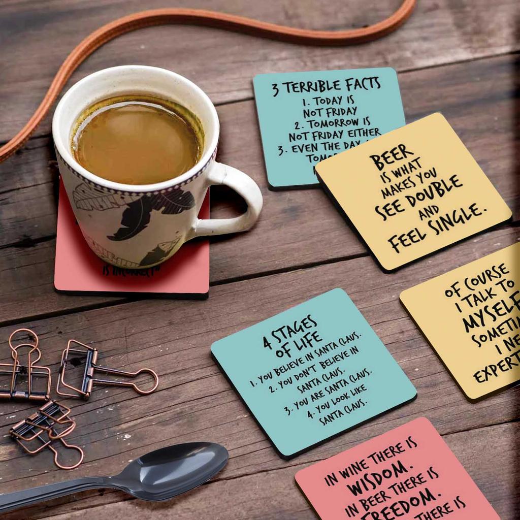 Inkdotpot Set of 6 Drink Coasters Easy Clean 4 inch Square  Coasters  Cork Base-  Reusable- Funny Bachelor
