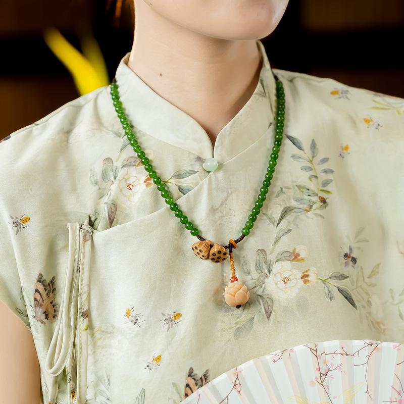 Retro Agate Bodhi Lotus Necklace Zen Ancient Style Literary Long Sweater Chain Accessories Women