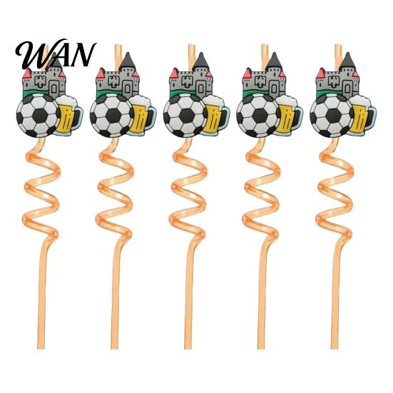 Colorful Spiral Straw 5Pcs Soccer Straws, Reusable Drinking Straws for National Flag Birthday Party, Football Theme Party Celebration Beverage