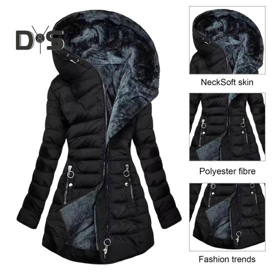 Giacca invernale da donna imbottita taglie forti con fodera in peluche, chiusura con cerniera imbottita, lunghezza media, con cappuccio, tinta unita, caldo, antivento