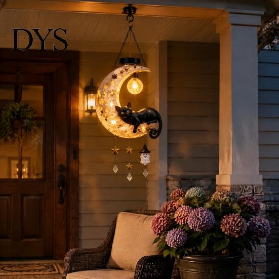 Waterproof Garden Decorative Lamps Solar Owl/Cat Moon Hanging Light, Outdoor Wind Chime with LED Yard Patio Porch Decor Resin Lamp, Auto On/Off
